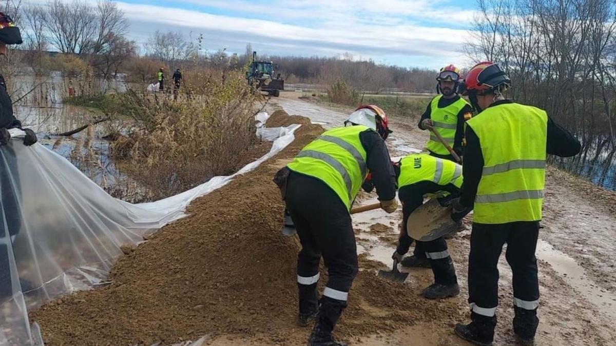 El personal de la Unidad Militar de Emergencias (UME) refuerza una mota en la localidad zaragozana. | SERVICIO ESPECIAL