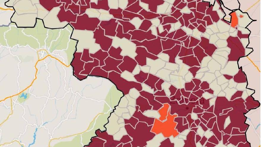 Mapa con la incidencia del coronavirus por municipios, con el mayor riesgo asociado al color más intenso.