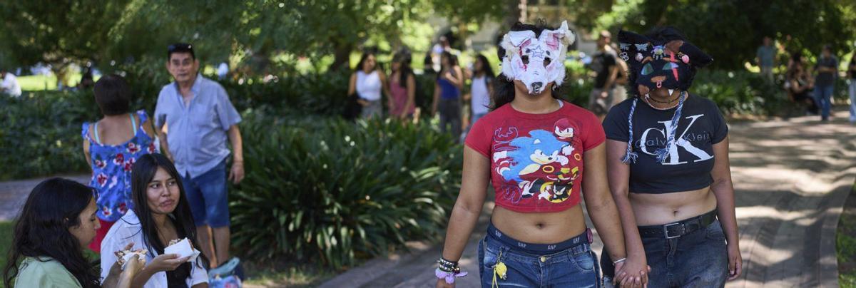 Persones 'therian' passejant per un parc.