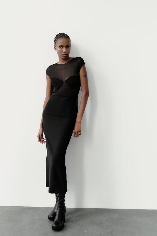 Vestido negro de tul combinado de Zara