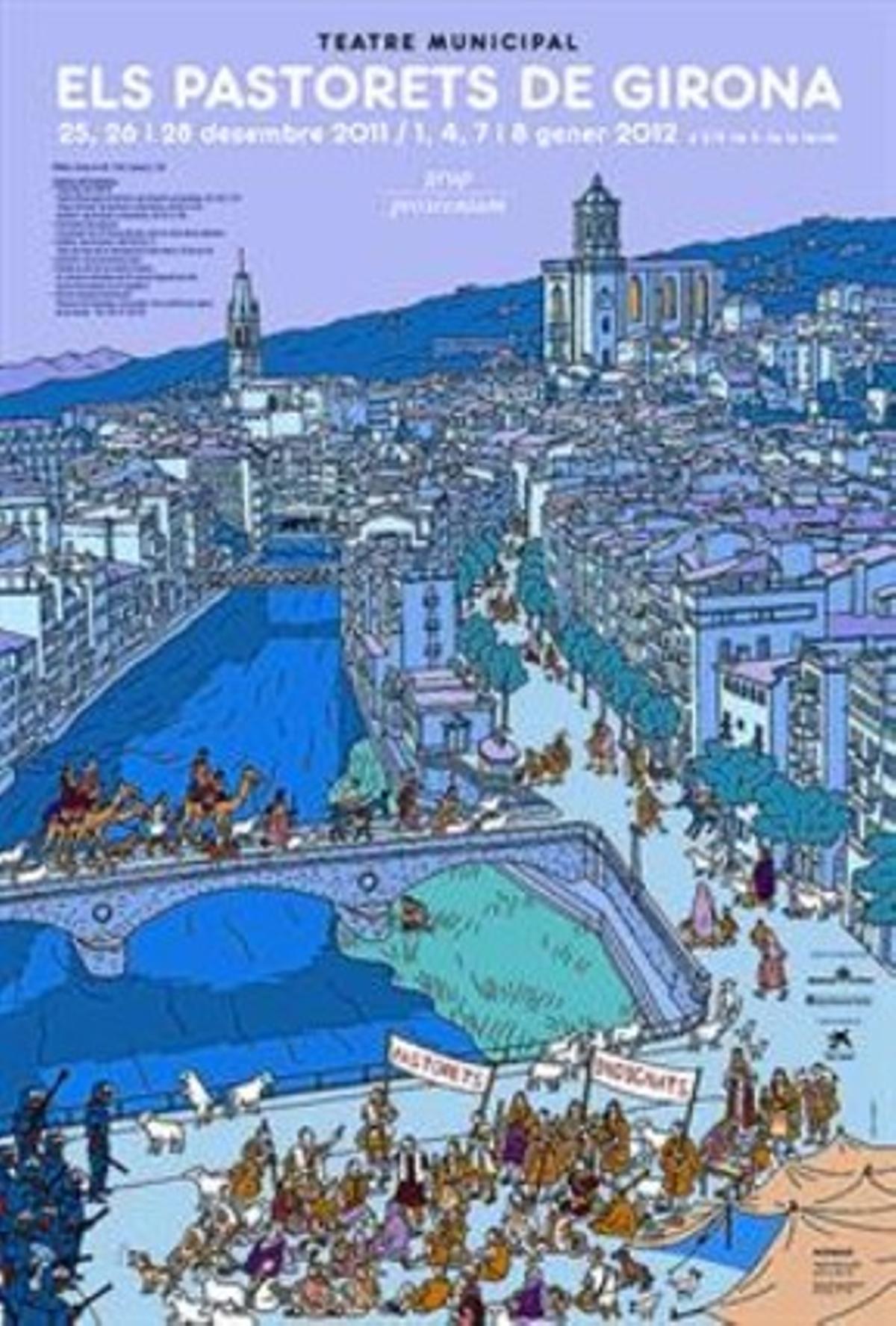 DARDS 3 A l’esquerra, gran, el cartell dels últims ’Pastorets’ de Girona, amb els dimonis com a policies. A la dreta, de dalt a baix, el cartell de l’obra del 2004, dedicat a Ryanair; un detall del dibuix del 2010, un dard contra les obres de l’AVE; i un fragment del pòster del 2007, amb un senyal que prohibeix la monarquia.