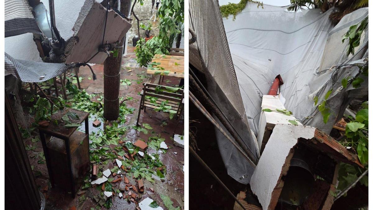 Impactantes destrozos en la terraza de un conocido gastrobar de Segorbe por el granizo.