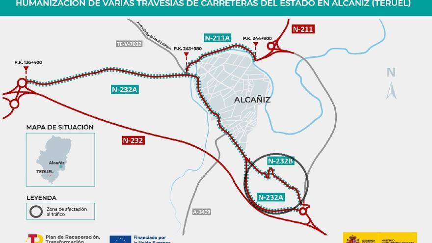 Un tramo de la N-232 B a su paso por Alcañiz se corta este lunes por obras.