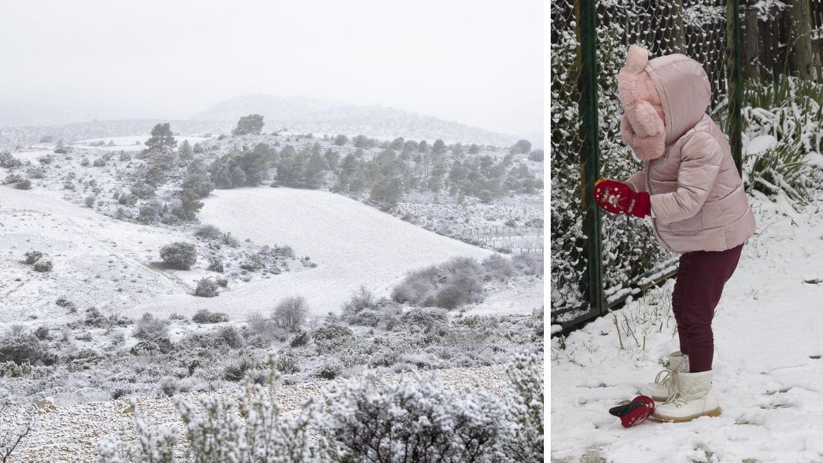 Paisaje nevado en el Noroeste de la Región y una niña jugando con la nieve.