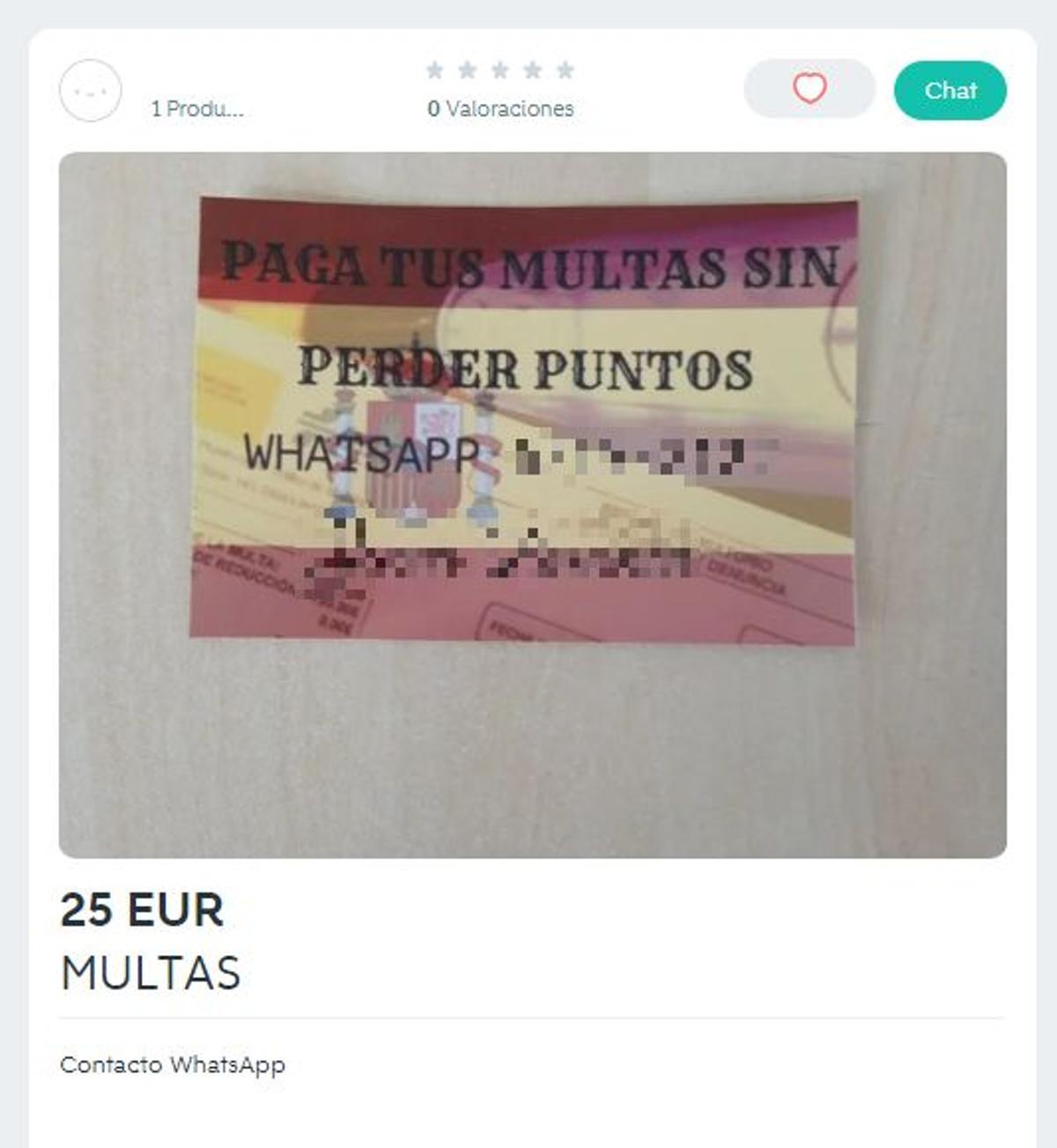 Anuncio de venta de puntos del carnet de conducir en Wallapop.