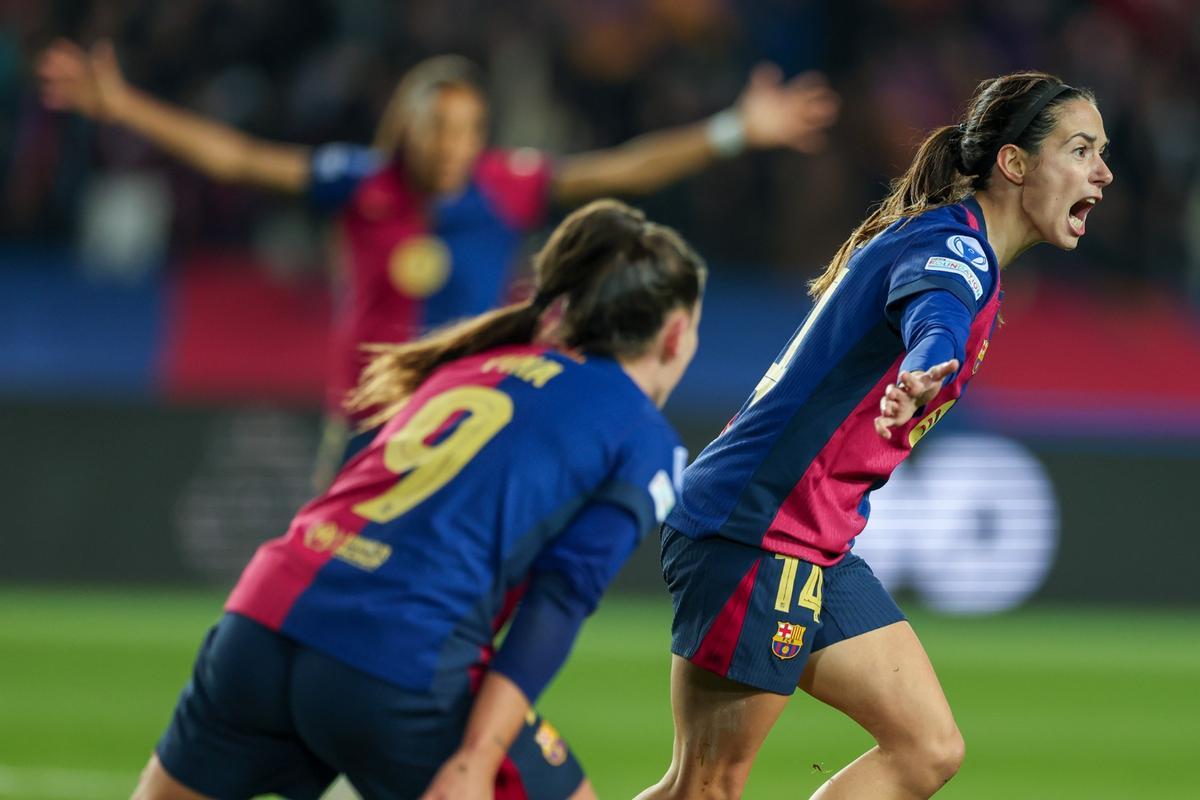 Aitana celebra su gol contra el City en Montjuïc