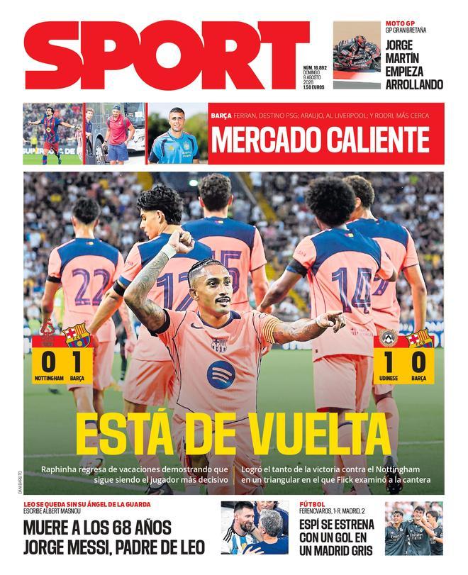La portada de SPORT de hoy domingo, 9 de agosto de 2026
