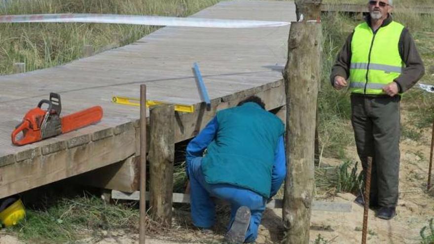 Los trabajos de reposición de senderos que realiza Tragsa en el tómbolo de A Lanzada.  // Muñiz