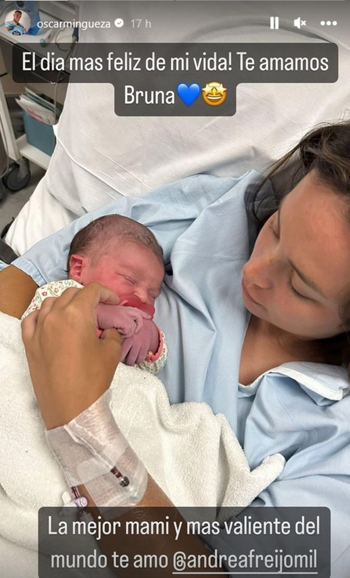 Óscar Mingueza subió esta 'storie' a su Instagram con una foto de su pareja y su recién nacida hija Bruna.