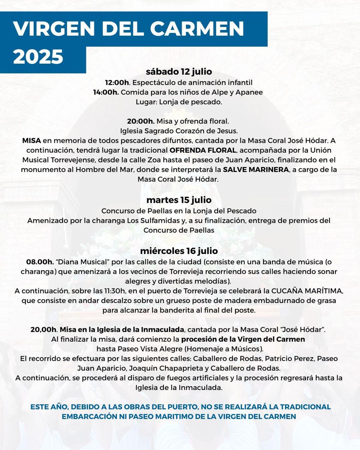 Programa de actos de las fiestas de la Virgen del Carmen en Torrevieja
