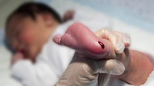 Un sanitario hace la prueba del talón a un recién nacido.