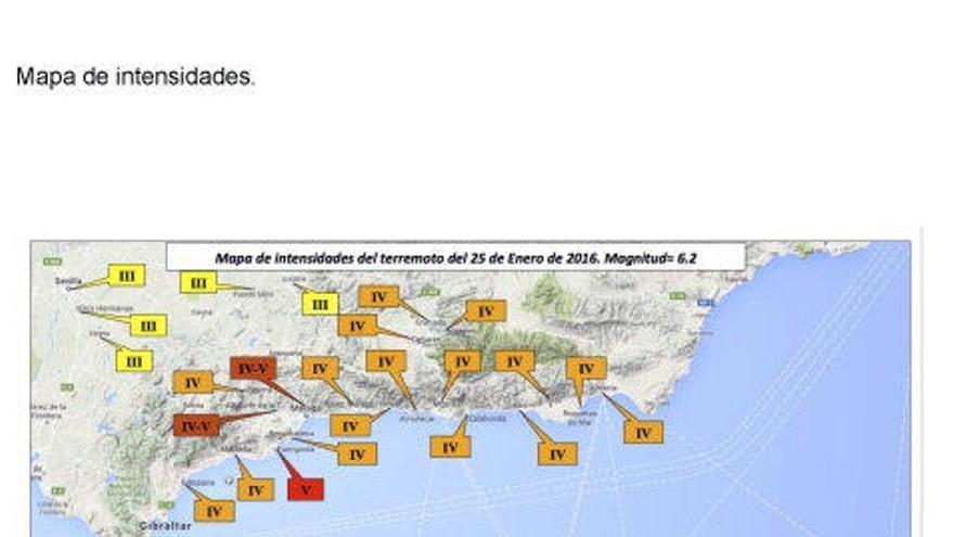 Mapa de las distintas intensidades del movimiento sísmico producido de madrugada.