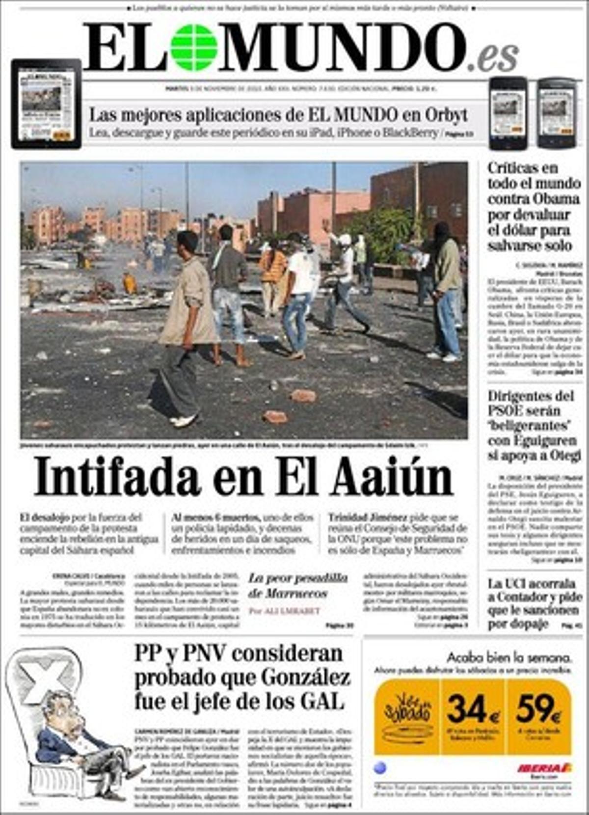 ’El Mundo’ també realça a dins que els mariners de l’’Alakrana’ van veure llançar els diners des de dos avions, que el riscos d’impagament d’Espanya s’acosten al seu màxim mentre la borsa cau, i que David Cameron posarà els aturats que cobrin subsidis a treballar gratis per a la comunitat si rebutgen una oferta de treball.