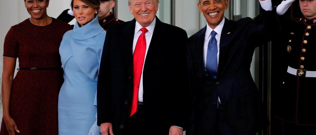 FILE PHOTO: The Obamas greet the Trumps for tea before the inauguration at the White House in Washington