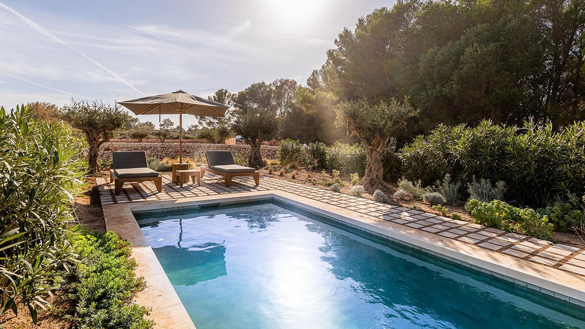 Entre olivares, pinares y vegetación autóctona, las piscinas privadas prolongan la sensación de refugio.