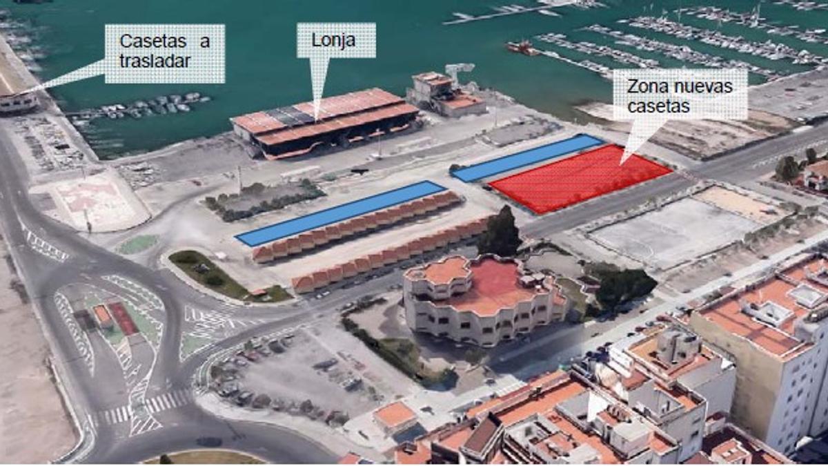 Imagen del Puerto de Burriana con la distribución de las nuevas casetas y los dos tendales.