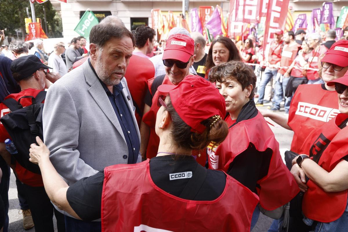 El presidente de ERC, Oriol Junqueras, en la manifestación del 1 de mayo en Barcelona.