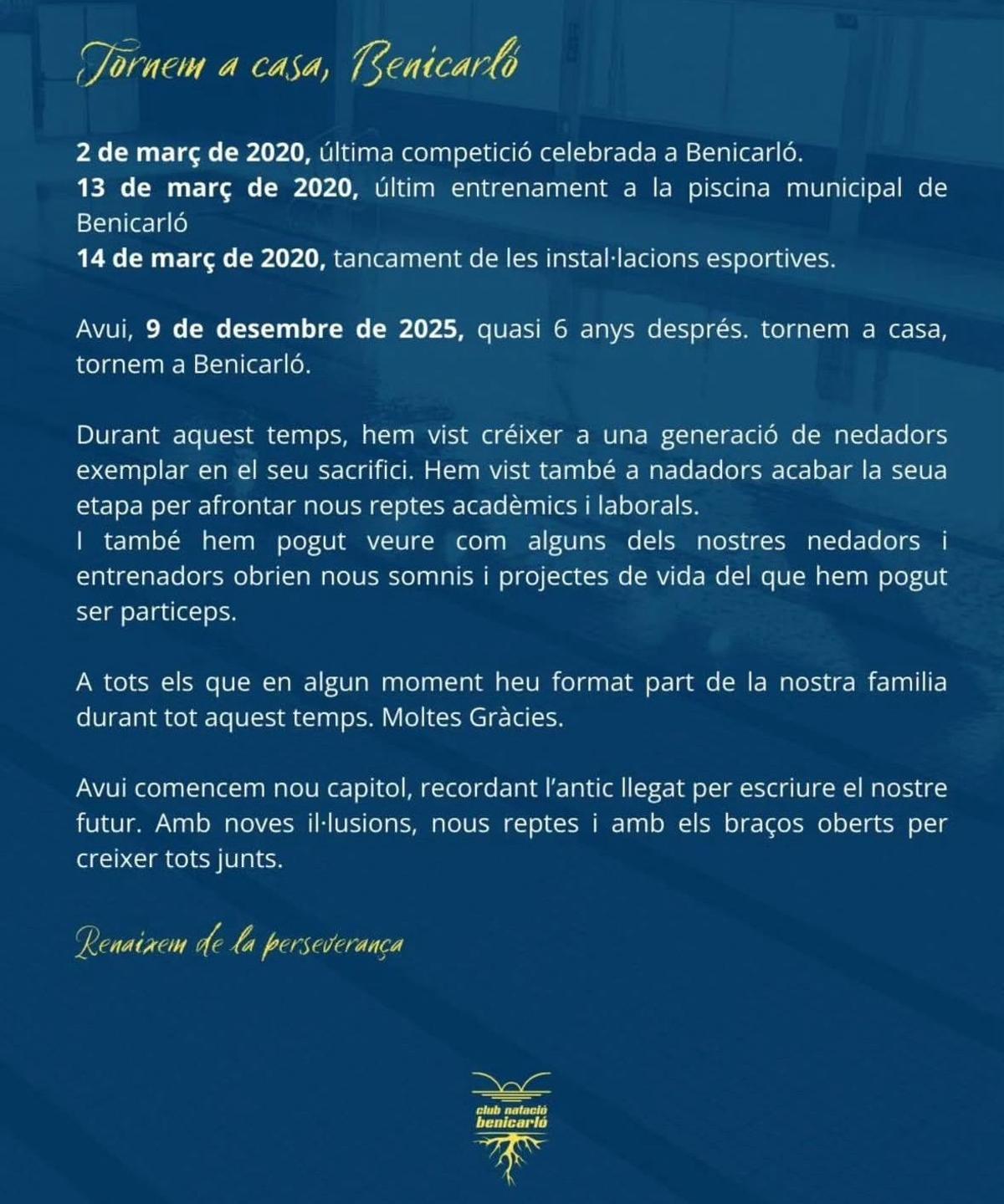 Comunicado del Club de Natación.