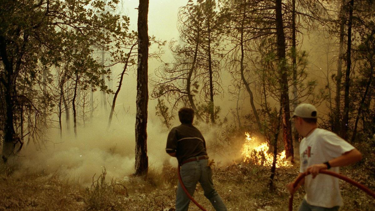 Apagant el foc de 1998 a Navès, sense cap dels equips de protecció que es fan servir avui en dia