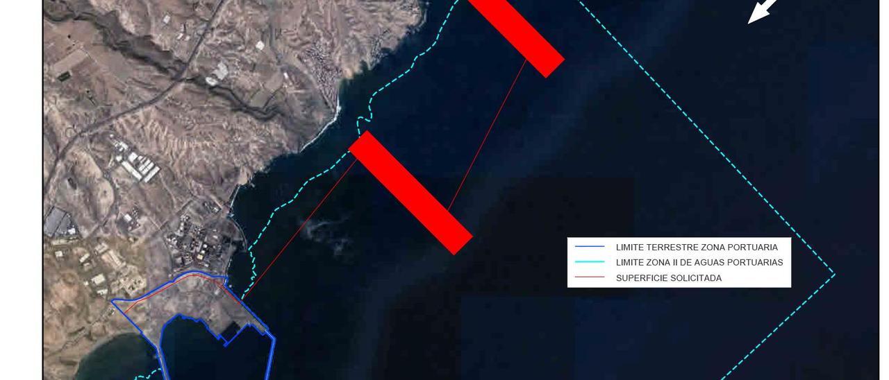Los aerogeneradores se instalarían en dos franjas de mar (pintadas de rojo en el mapa) frente a las localidades de Las Maretas y San Miguel de Tajao.