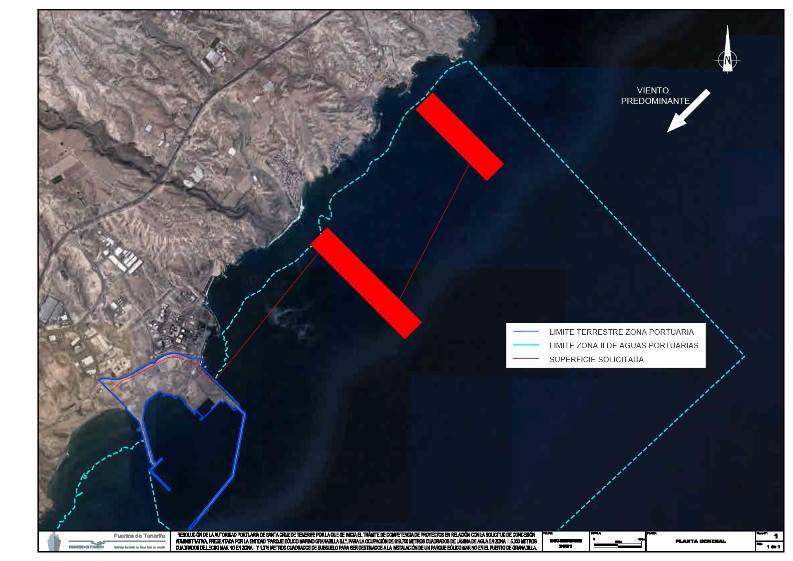 Este es el mapa del proyecto de parque eólico marino que se pretende instalar frente a las costas del sur de Tenerife. Los aerogeneradores se instalarían en dos franjas de mar (pintadas de rojo en el mapa) frente a las localidades de Las Maretas y San Miguel de Tajao, pertenecientes al municipio de Arico. 