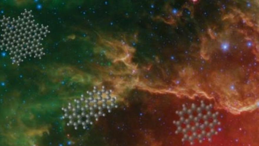 Imagen artística de una nebulosa con estructuras moleculares de hidrocarburos policíclicos aromáticos (PAHs) superpuestos.