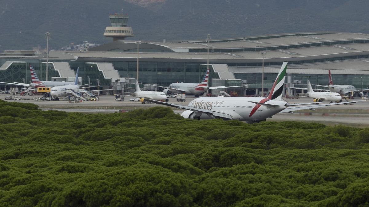 Aviones en la pista de despegue 25L , la que se pretende ampliar por la zona de la Ricarda, área protegida del Parc Natural del Delta del Llobregat , vistos desde el mirador de l’Illa Foto de Ferran Nadeu