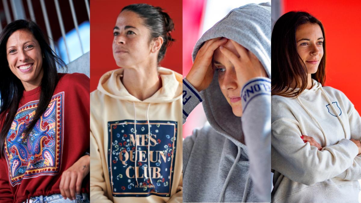 De izquierda a derecha, las jugadoras del Barça Jennifer Hermoso, Marta Torrejón, Caroline Graham Hansen y Aitana Bonmatí, vestidas con la nueva colección de moda urbana del Barça.