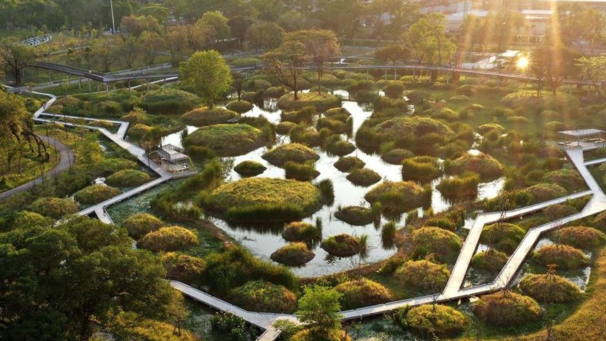 El parque con la ciudad de Bangkok al fondo.