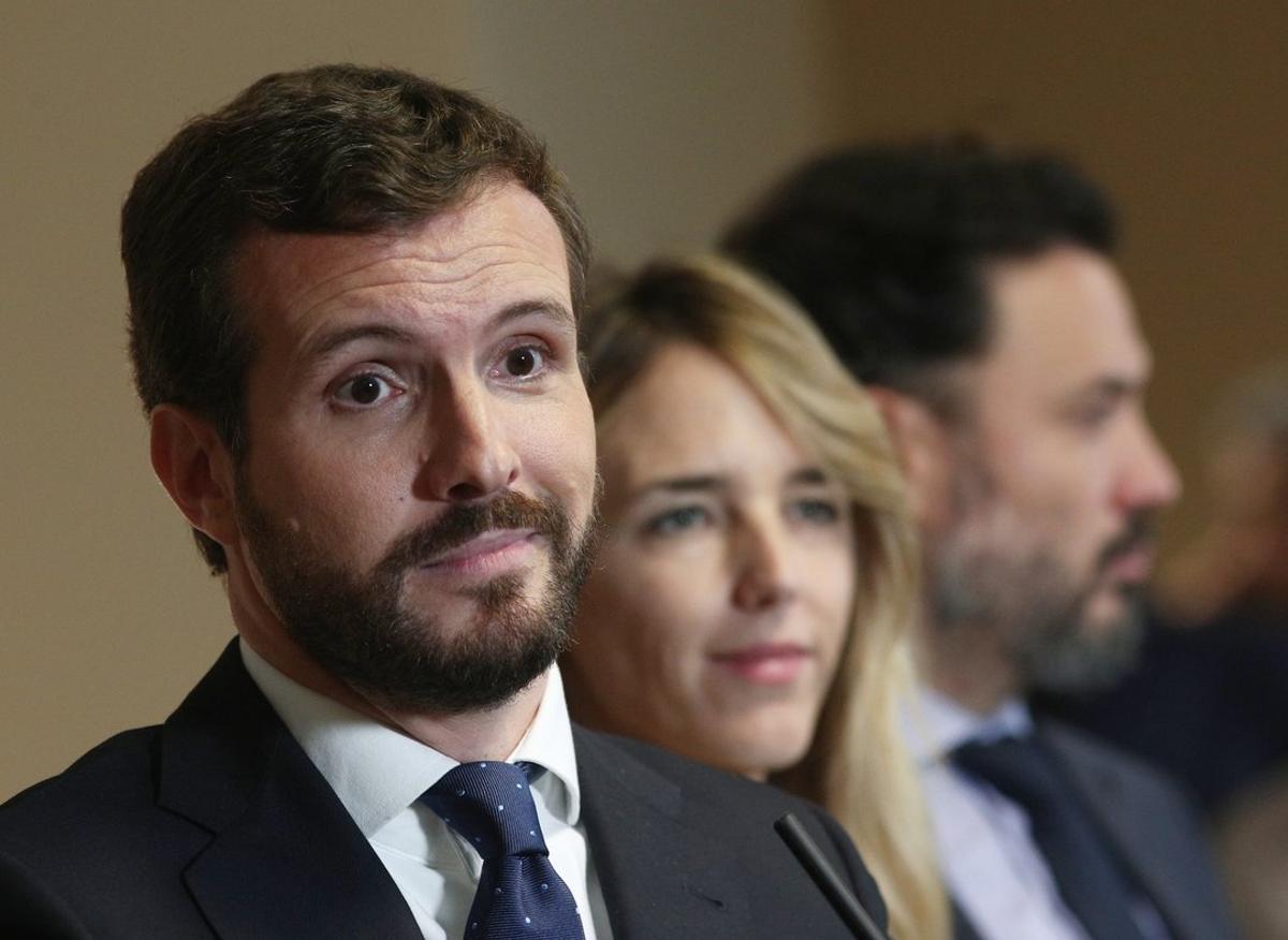 El presidente del Partido Popular, Pablo Casado, ofrece una rueda de prensa tras recoger el acta de diputado acompaÃ±ado de la portavoz del Grupo Popular en el Congreso, Cayetana Ãlvarez de Toledo (2d); y el secretario general del Grupo Popular, Guillermo Marisca (1d),  en el Congreso de los Diputados, en Madrid (EspaÃ±a), a 28 de noviembre de 2019.