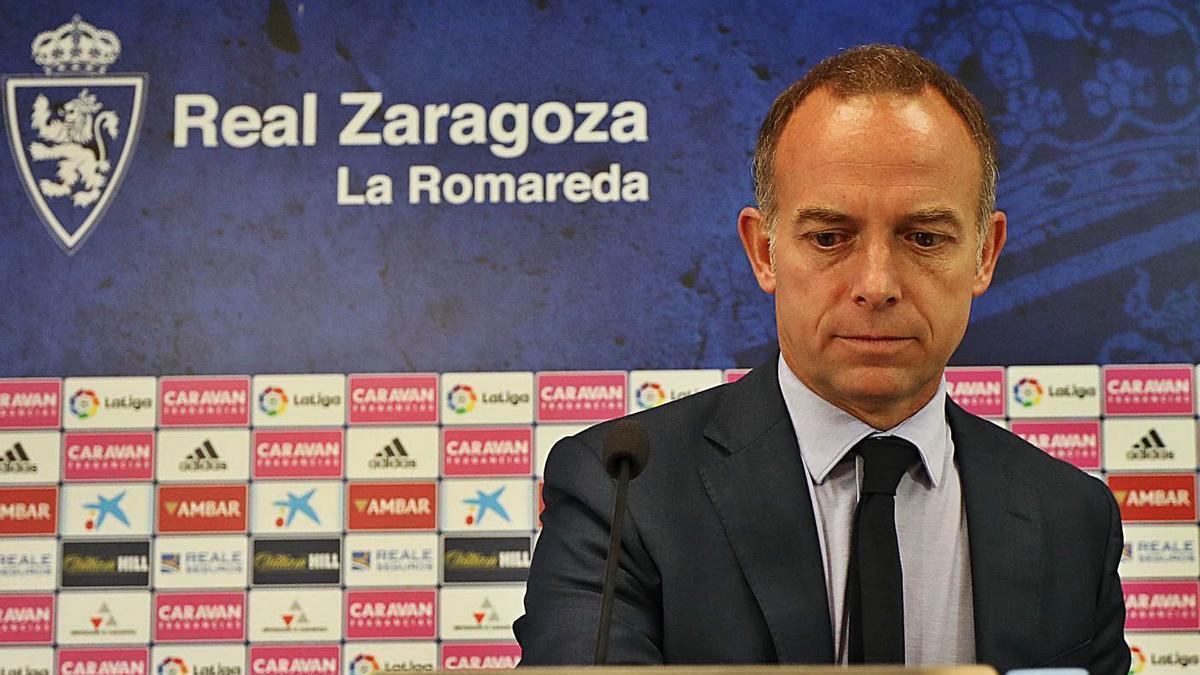 Christian Lapetra, durante una rueda de prensa en La Romareda.