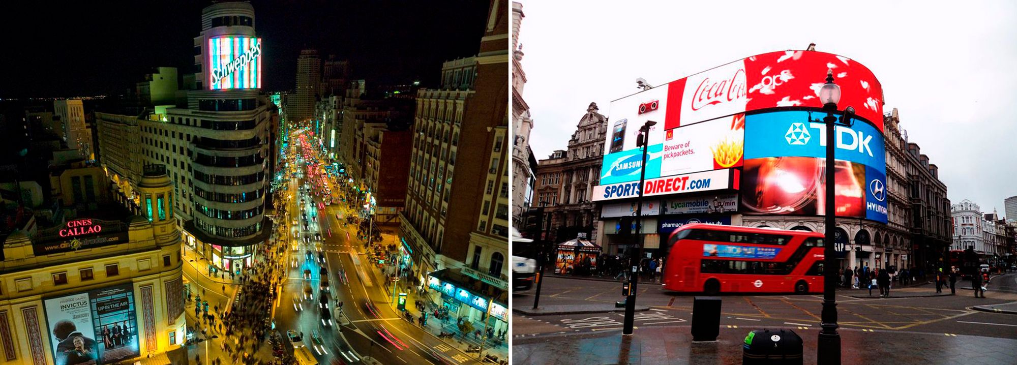 Carteles publicitarios en el centro de Madrid y Londres