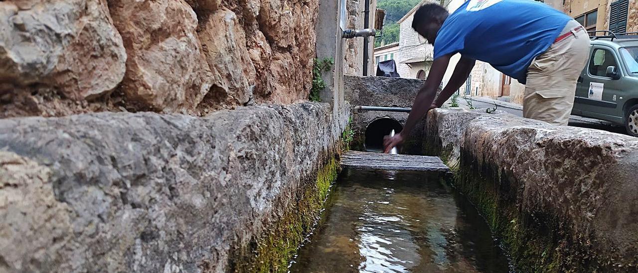 Un vecino de Sóller llena su cantimplora en el agua que emana de la font del Canyar.