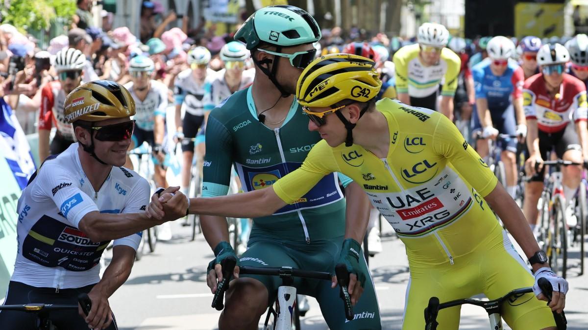 Evenepoel y Pogacar se saludan antes de una prueba