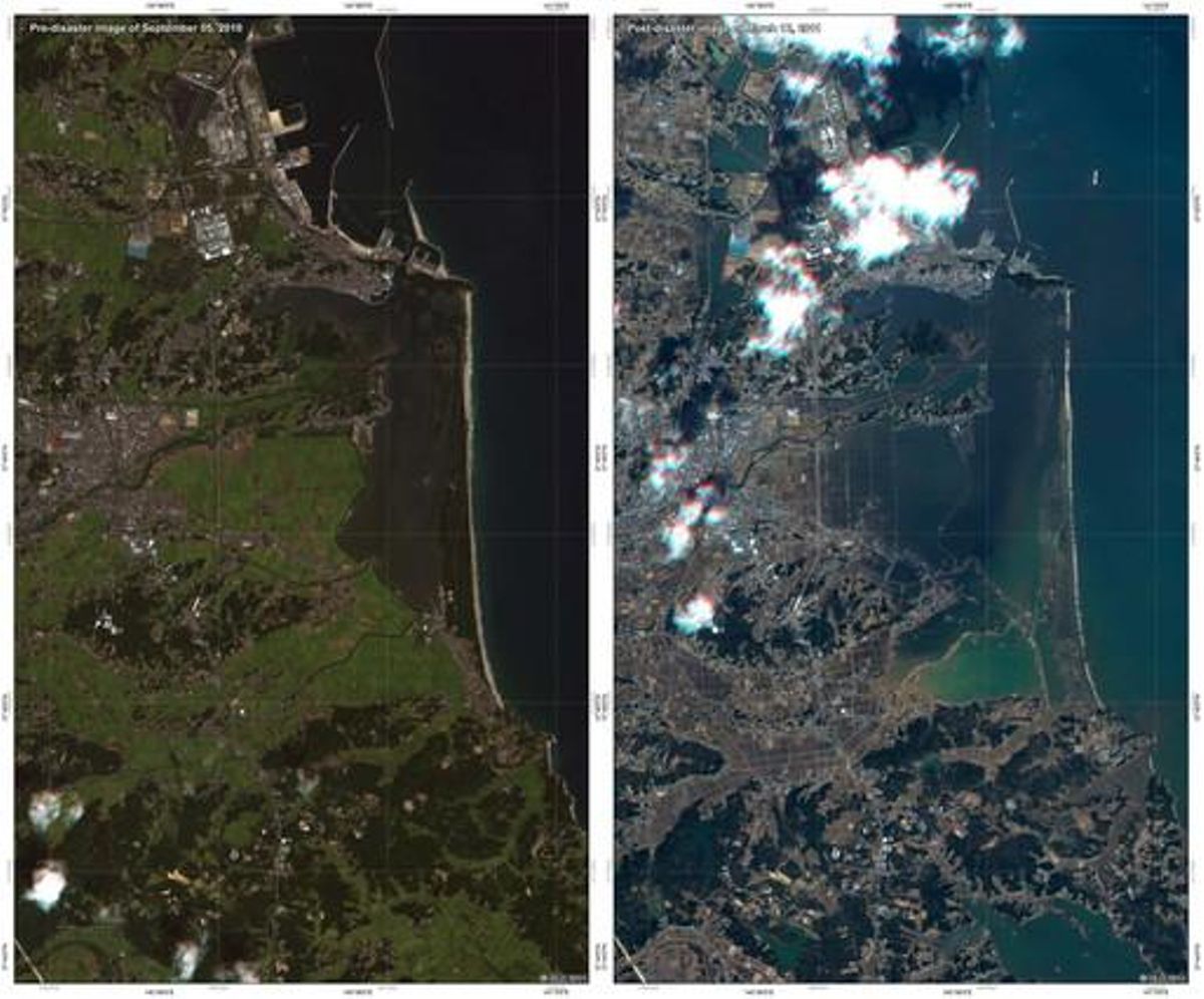 La ciutat de Soma, vista des del satèl·lit, abans i després del terratrèmol i el tsunami.