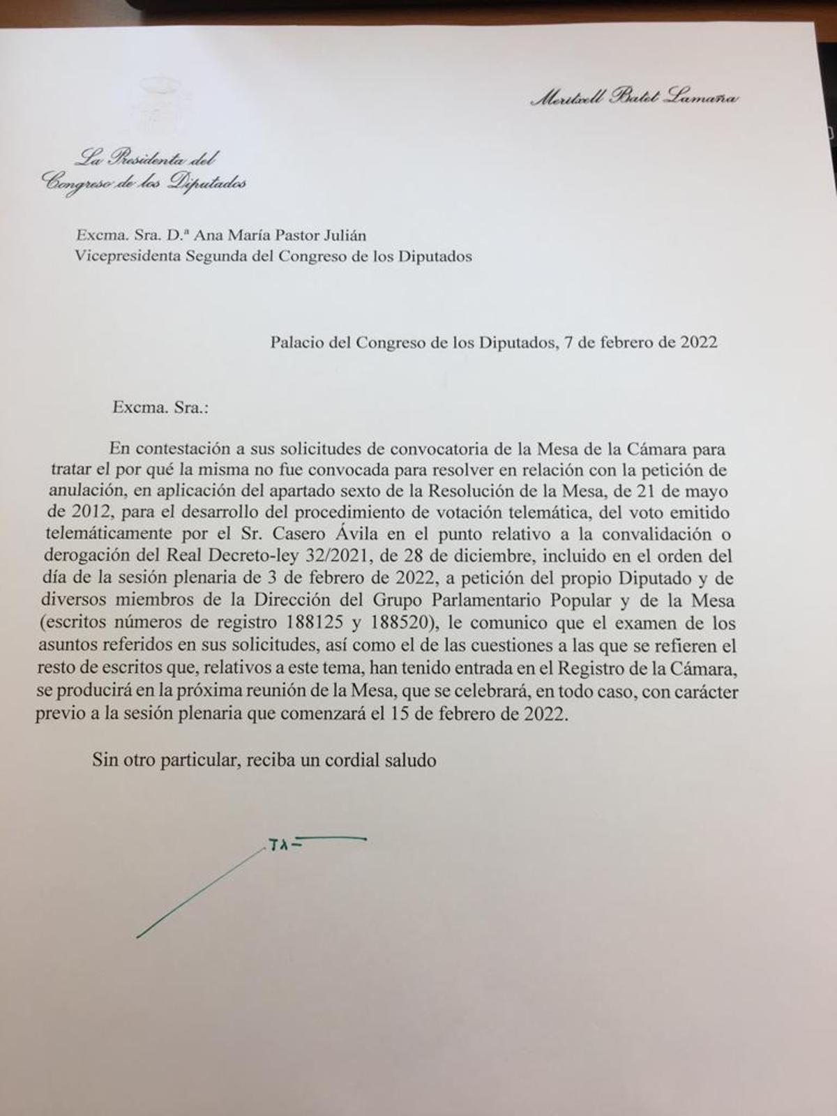 Imagen de la carta enviada por la presidenta del Congreso, Meritxell Batet, a Ana Pastor, ahora vicepresidenta segunda de la Mesa.