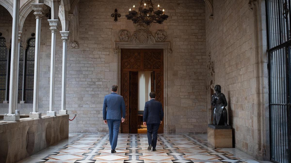 Pedro Sánchez y Pere Aragonés, en diciembre en el Palau de la Generalitat en su primera reunión tras el acuerdo entre el PSOE y Esquerra Republicana para la investidura del líder socialista.