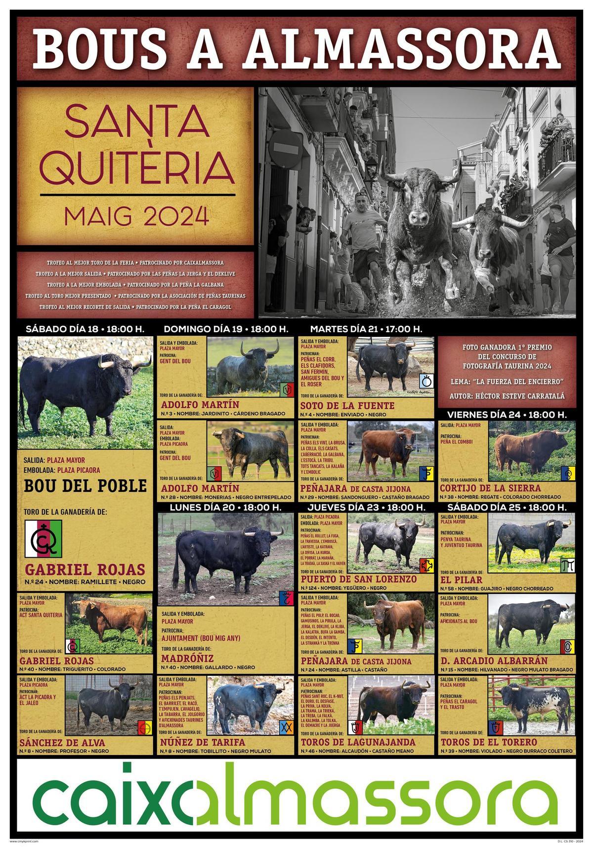 Cartel taurino de las fiestas de Santa Quitèria 2024 en Almassora.