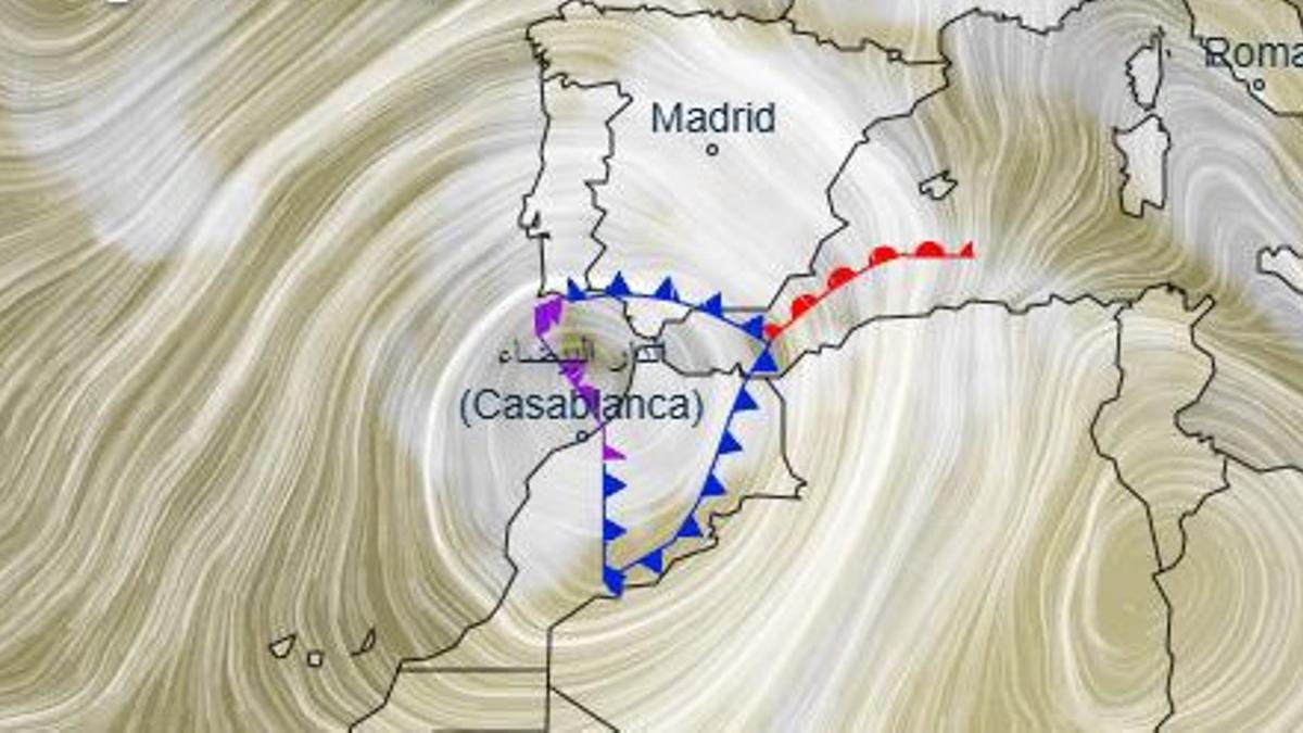 Frentes cálidos (en rojo) y fríos (azul) creados por las masas de aire alrededor de la DANA.