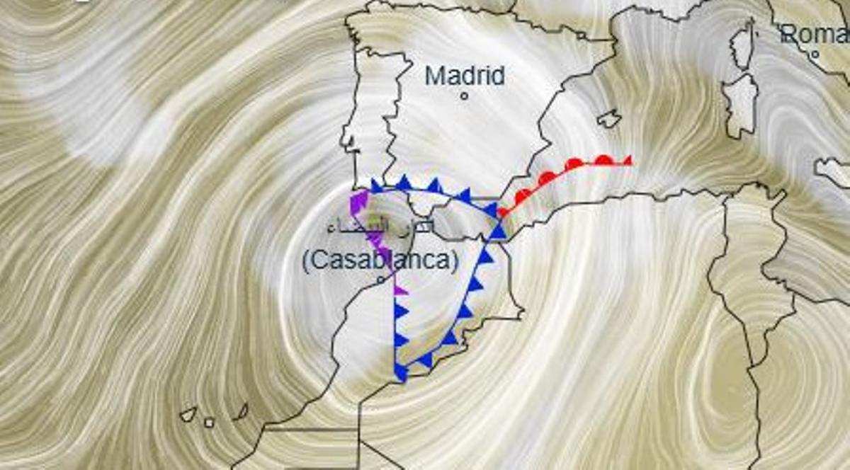 Frentes cálidos (en rojo) y fríos (azul) creados por las masas de aire alrededor de la DANA.