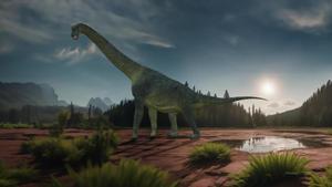 Recreación del colosal dinosaurio que han encontrado en Morella, que podía alcanzar 25 metros de longitud y 11 metros de altura.
