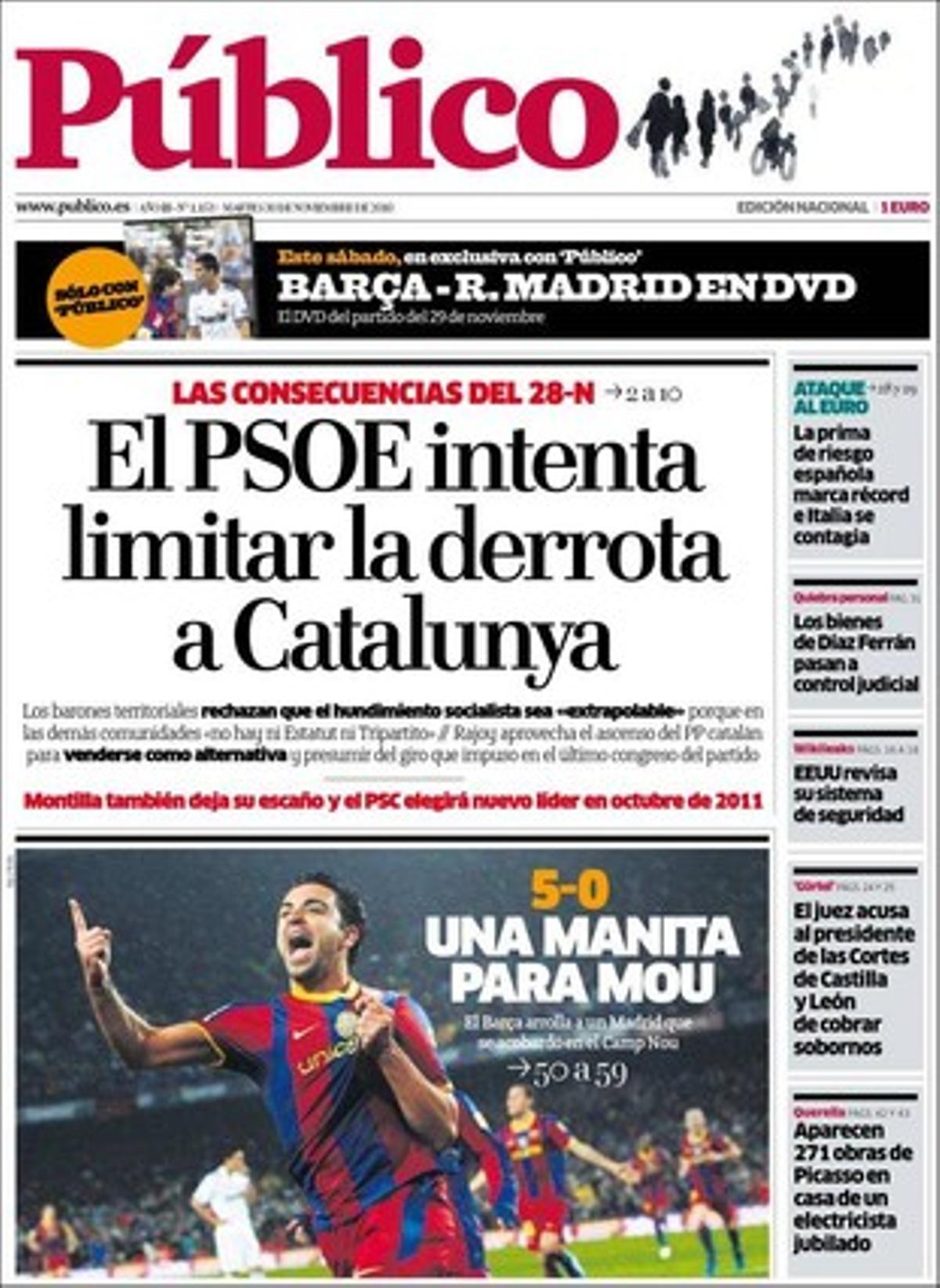 Els catalans giren a la dreta i extremen les seves posicions identitàries, conclou l’anàlisi del vot de ’Público’ en pàgines interiors. També destaca a dins que civils marroquins agredeixen estudiants sahrauís en Esmara i que el jutge implica en el ’cas Gürtel’ el Govern de Castella i Lleó.