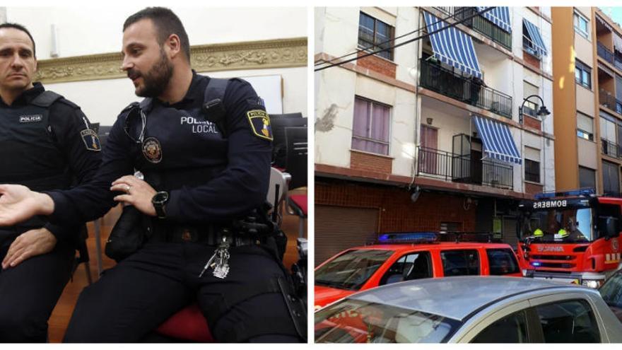 A la izquierda, los agentes. A la derecha, la llegada de los bomberos a la calle Tetúan de Alzira.