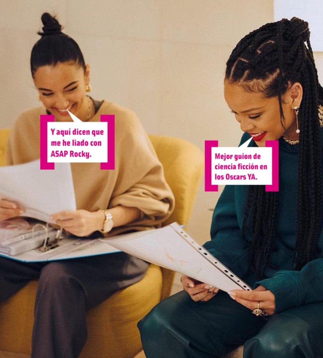 Rihanna y Amina Muaddi juntas leyendo unos papeles para su colaboración con Fenty