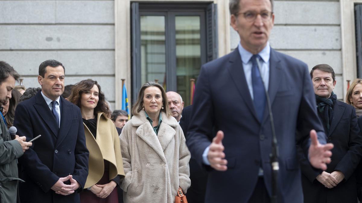 El líder del PP, Alberto Núñez Feijóo, con sus presidentes autonómicos en el Día de la Constitución. /