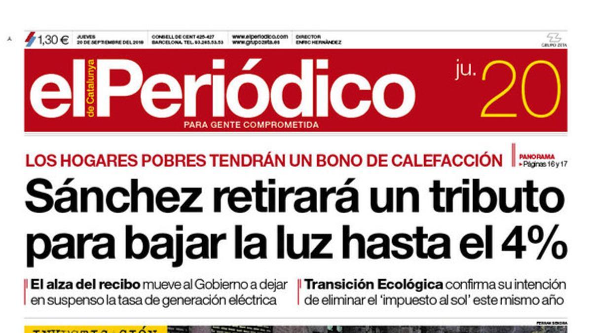 La portada de EL PERIÓDICO DE CATALUNYA del 20 de septiembre del 2018