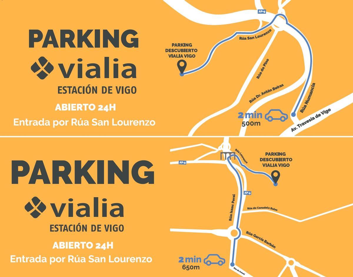 Carteles de acceso al parking de Vialia instalados en la ciudad.