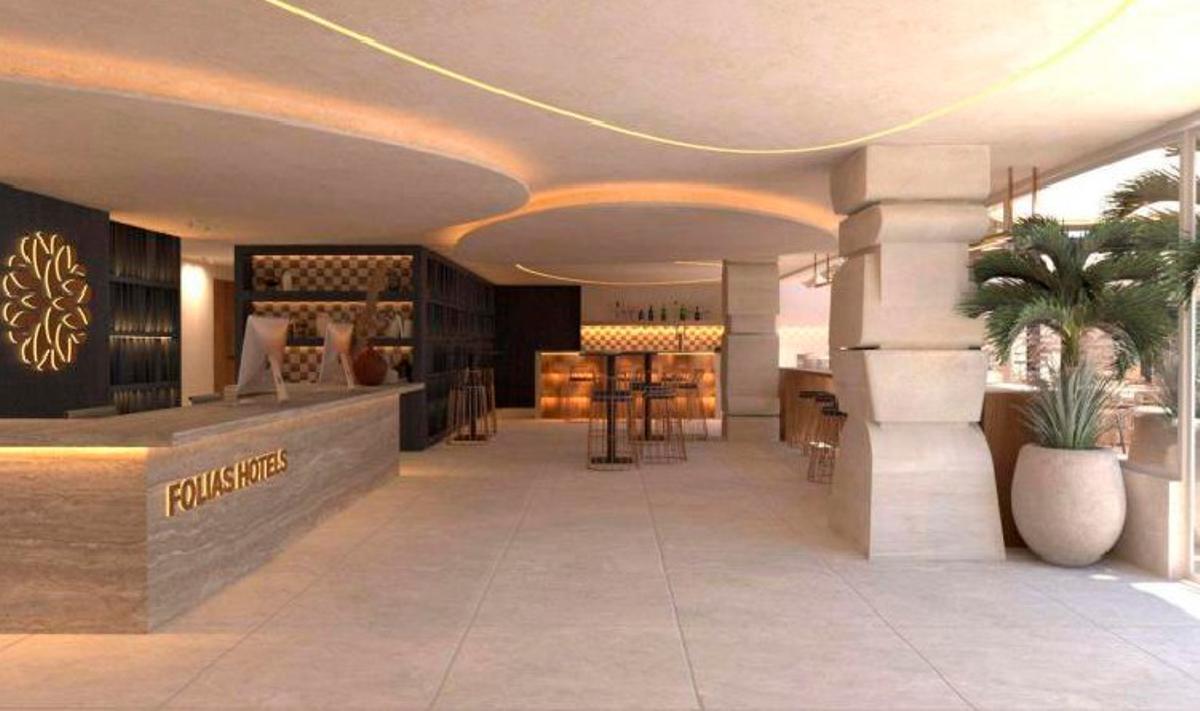 Infografía de la recepción/bar del Hotel Folías en Playa del Inglés.