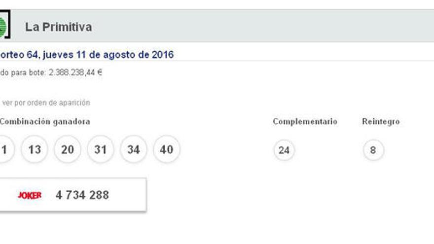 Resultados de la Primitiva del jueves 11 de agosto de 2016