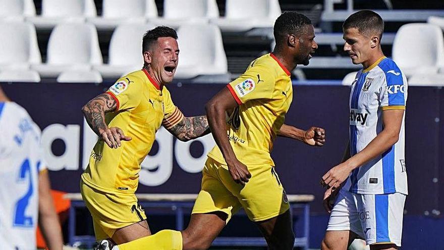 Aday celebra amb Sylla el gol del vallesà que va donar la victòria a Leganés (0-1).